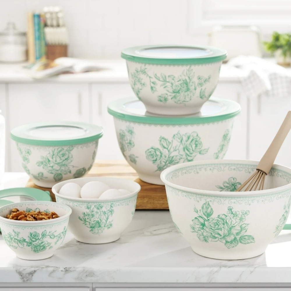 ❤️ Pioneer Woman Agatha Bamboo Melamine Green Floral Mixing Bowl Set with Lids